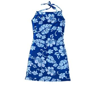 Status Women’s M Blue White Floral Tropical Hawaiian Halter Tied Neck Mini Dress